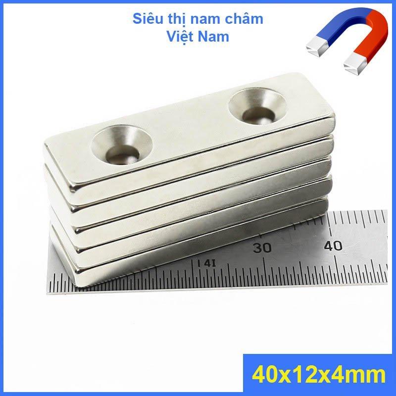 Nam châm trắng chữ nhật 2 lỗ côn ( 40 x 12 x 4mm ) siêu mạnh