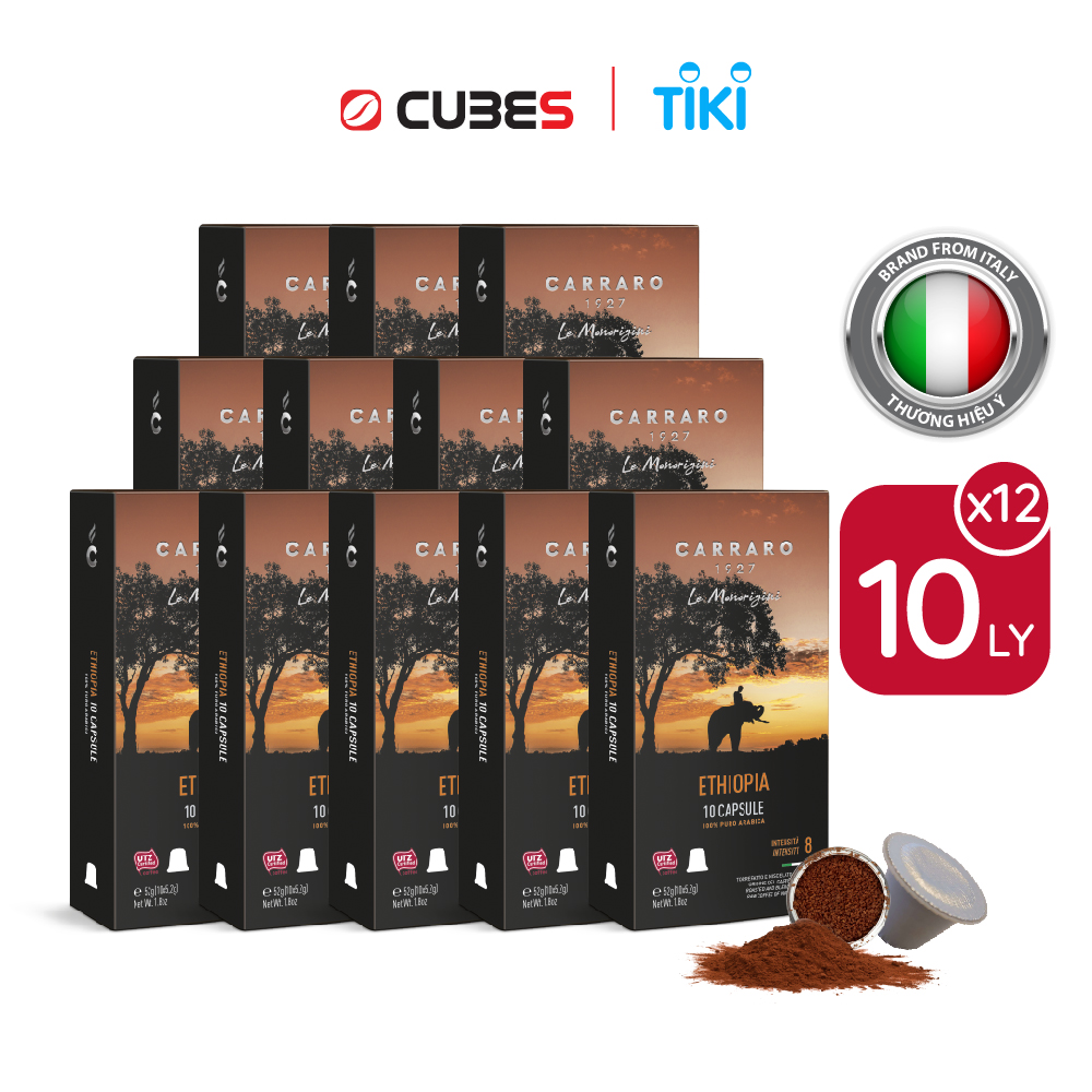 Combo 12 hộp cà phê viên nén Carraro Single Origin Ethiopia - Tương thích với máy capsule Nespresso