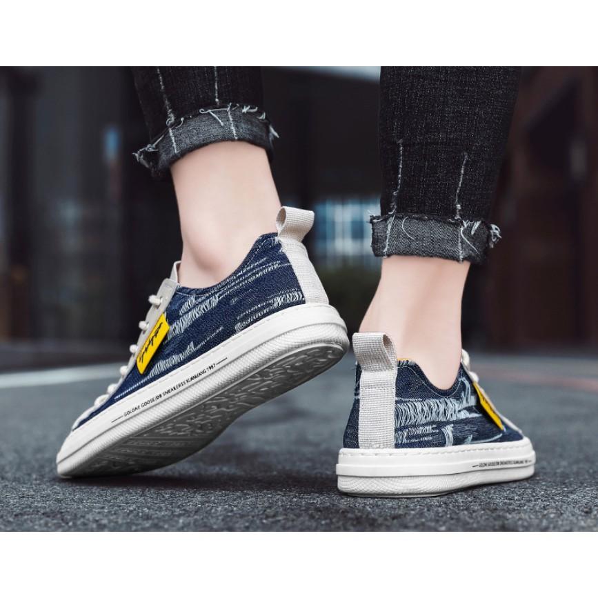 Giày Sneaker Nam Vải Bò Rách Phối Da Lộn Cao Cấp