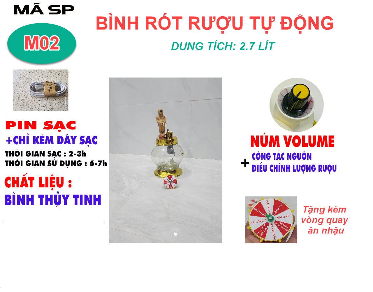 Bình Rót Ruou Điện Tử Chú Tiểu Thủy Tinh cao cấp 2.7 lít Tiểu Đồng Tử