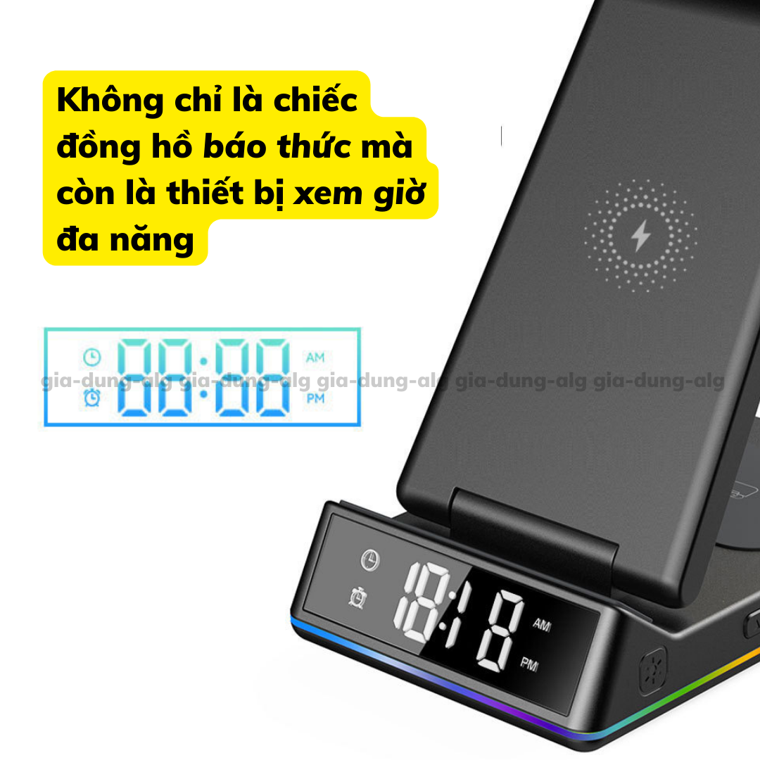 Đế Sạc Không Dây 15W 5 in 1 dành cho 1phone Android - Đế sạc nhanh không dây kiêm đồng hồ báo thức và đèn ngủ