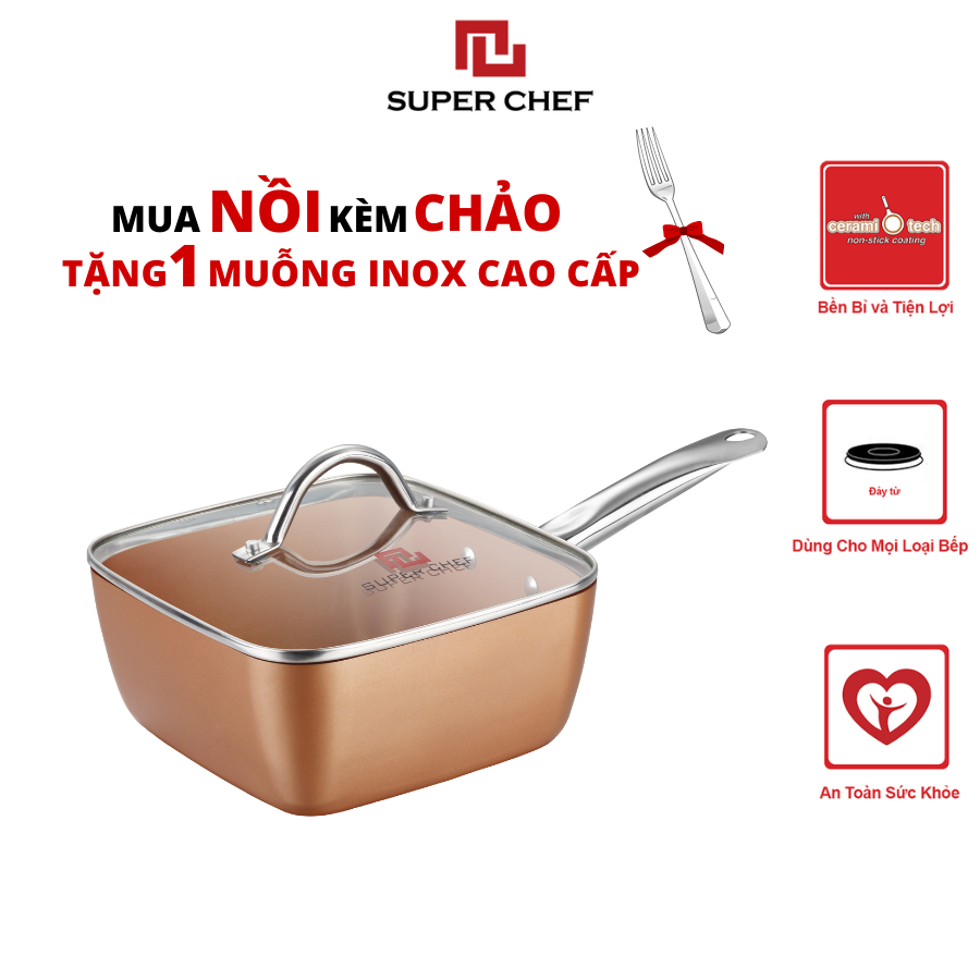 Nồi Chống Dính Ceramic Vuông  Cán Dài Super Chef Cao Cấp Siêu Bền Bỉ Không Bong Tróc, Chống Ăn Mòn, Đảm Bảo An Toàn Sức Khỏe Kèm Nắp Kính ( Size 20, 24cm