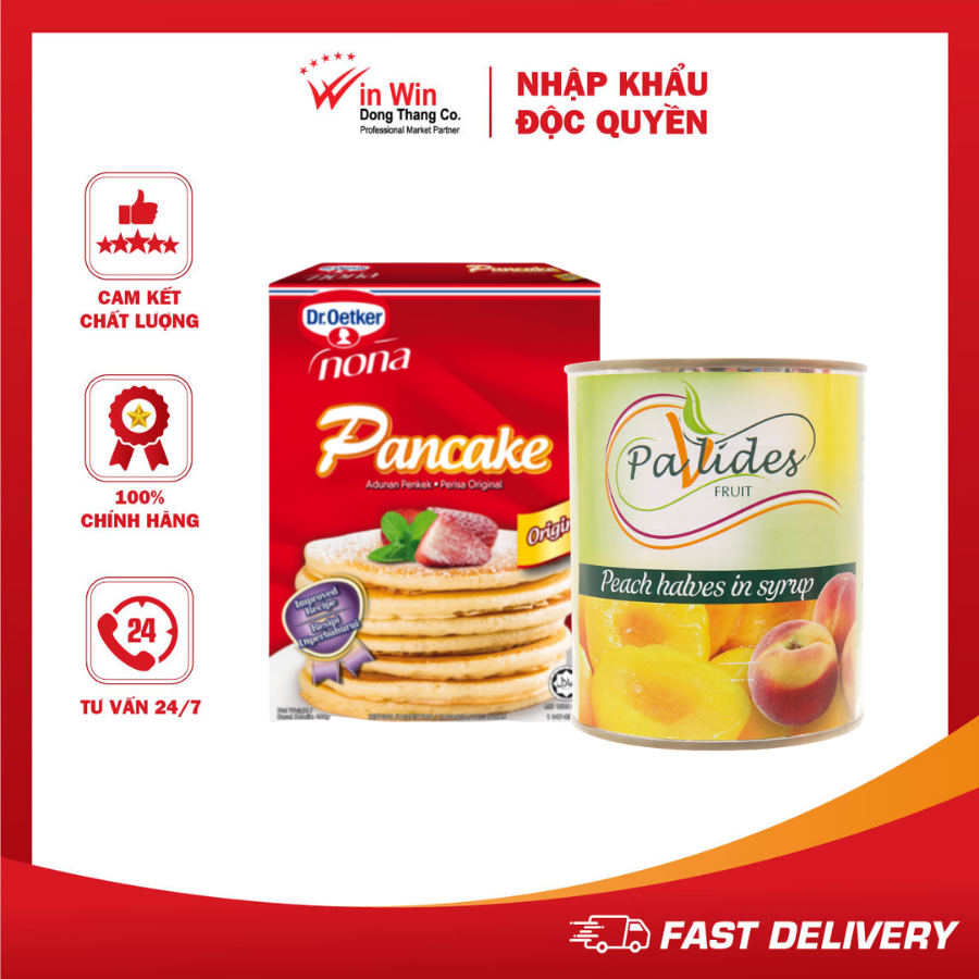 COMBO 1 Hộp Bột Làm Bánh Rán (Pancake) Pha Sẵn Dr. Oetker 400g + 1 Lon Đào Ngâm Đường Pavlides 820g