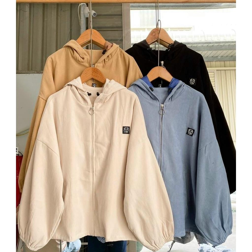 Áo Khoác Nữ da lộn vải 2 lớp dày mịn form Rộng Tay Phồng Basic Có Dây Kéo Mũ thích hợp đi học đi chơi