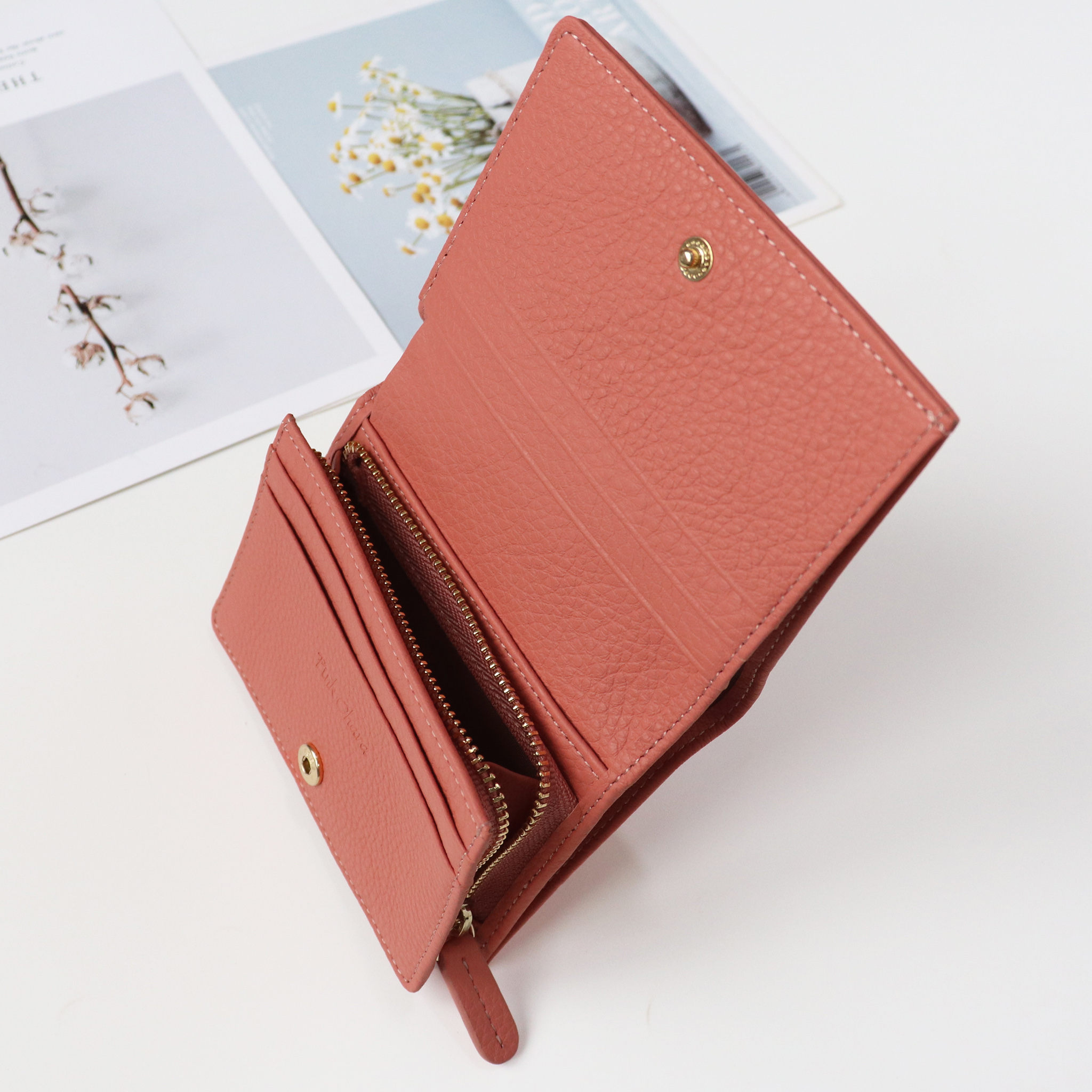 Ví nữ gấp mini da bò trơn Pink Ohara