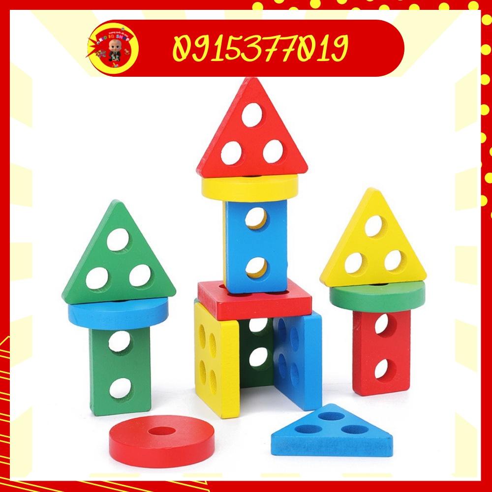 Bộ đồ chơi trí tuệ thả hình khối 4 cọc trụ bằng gỗ giúp bé thông minh học hình khối, màu sắc Kid IQ