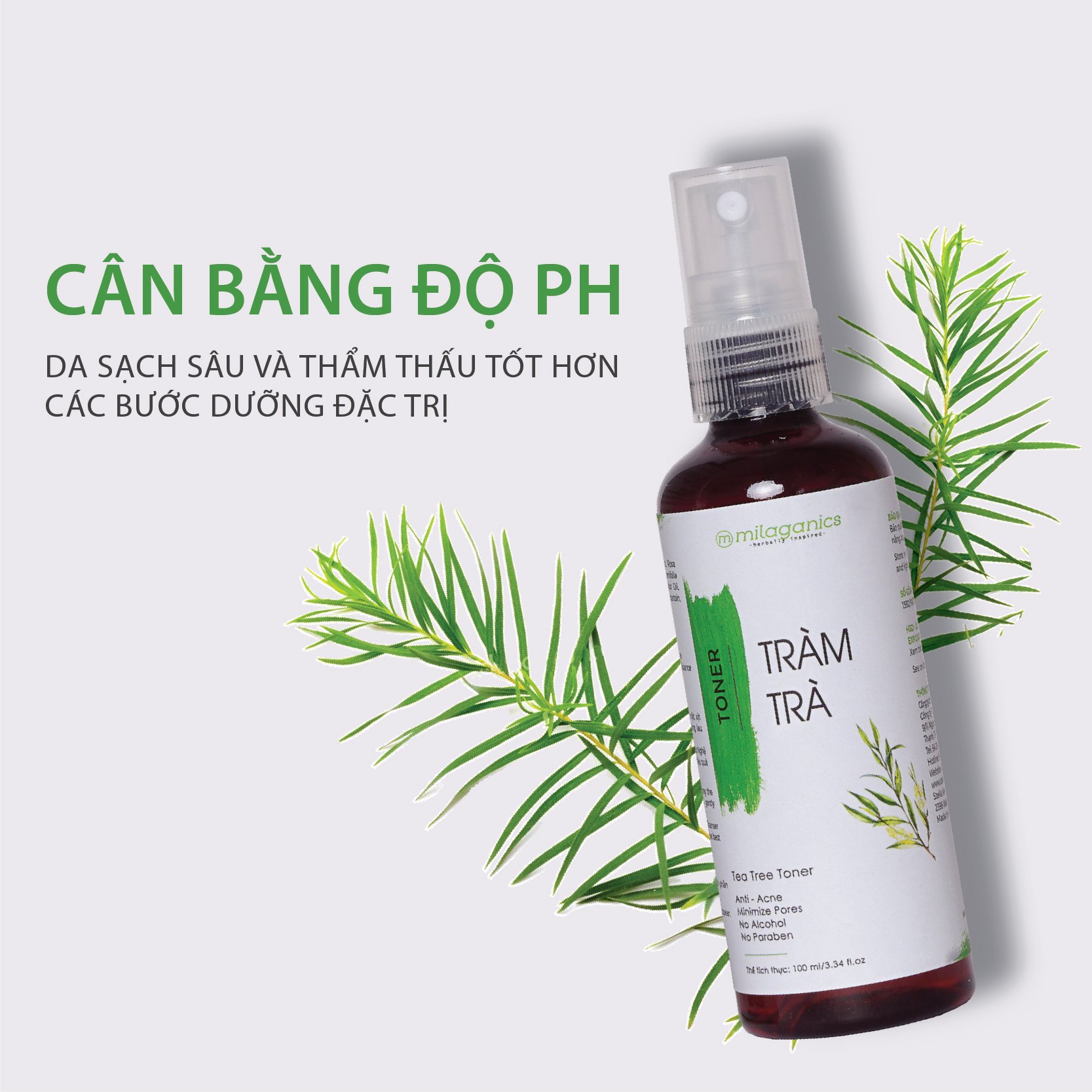 Toner Tràm Trà hỗ trợ Giảm Viêm &amp; Cân Bằng Độ pH Phù Hợp Với Làn Da Mụn Nhạy Cảm MILAGANICS 100ml (Chai)