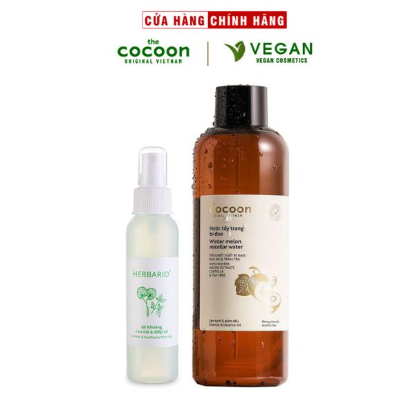 Combo Xịt khoáng rau má, diếp cá herbario 100ml &amp; Nước tẩy trang bí đao cocoon 500ml dành cho da dầu, da mụn