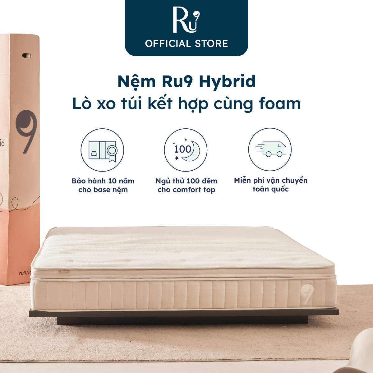 Nệm Hybrid Ru9 25cm, Công Nghệ Mới Kết Hợp Hai Túi Lò Xo Và Foam, Tùy Chọn Độ Êm, Nâng Đỡ Và Đàn Hồi, 3 Kích Thước