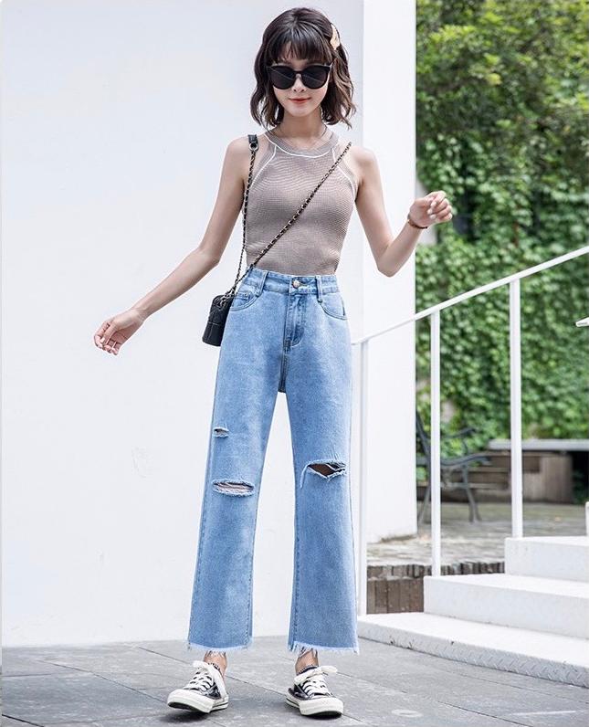 QUẦN BAGGY JEAN NỮ ỐNG LOE RÁCH 3, LƯNG CAO, VẢI MỀM KHÔNG CO DÃN, CÓ 2 MÀU XANH ĐẬM XANH NHẠT