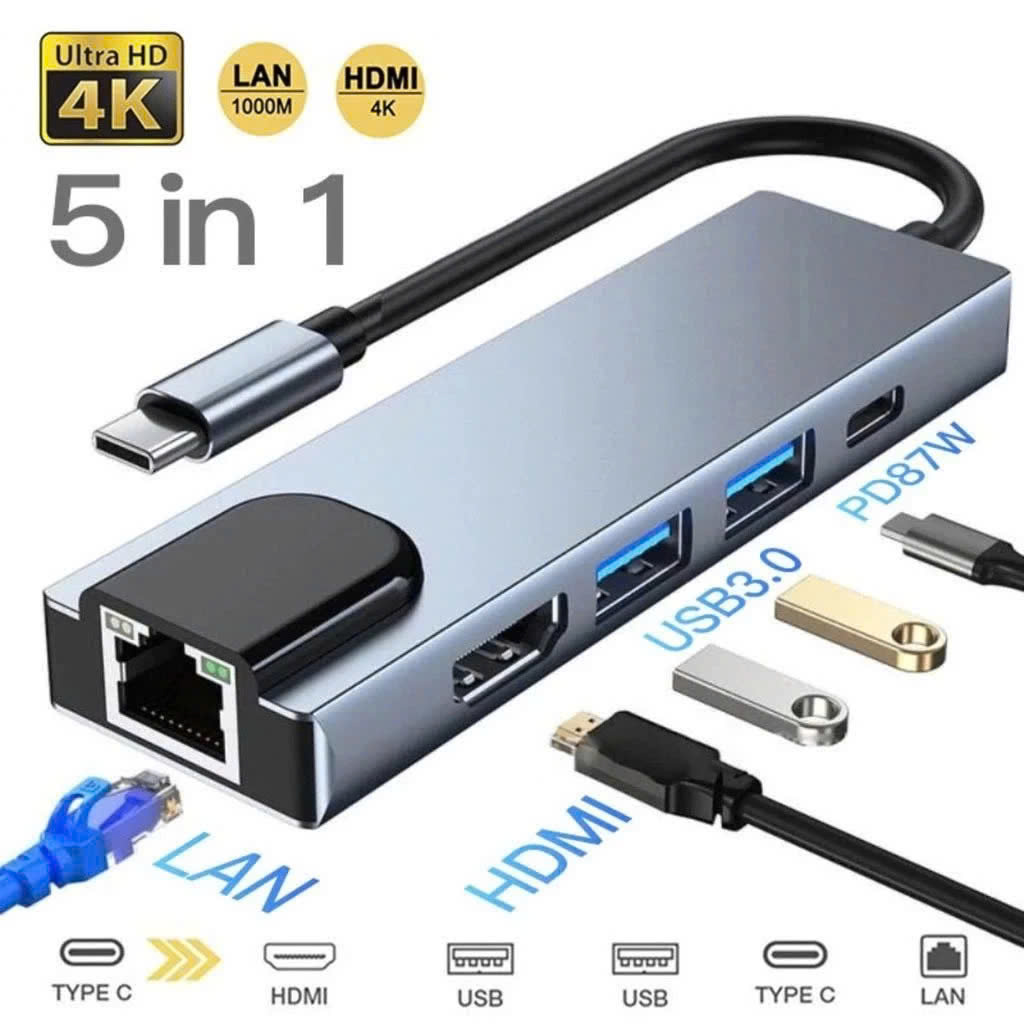 Hub Type C Adapter 5in1 HDMI 4K, USB, RJ45 - Bộ Chia USB Ra Nhiều Cổng Kết Nối Chuyển Đổi Cho Laptop PC Máy Tính Đa Năng - Hub Hỗ Trợ Sạc Pin Kết Nối Đa Năng Ổ Cứng Bàn Phím, Chuột, Máy In, Thiết Bị Chia Ổ USB - Hàng Chính Hãng - Hub Chuyển Đổi USB Type-C