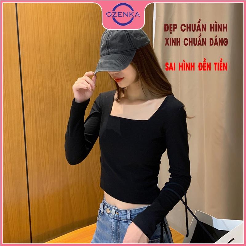 Áo croptop tay dài cổ vuông ôm nữ , crt thun gân 100% cotton màu trơn đen trắng free size dưới 52 kg