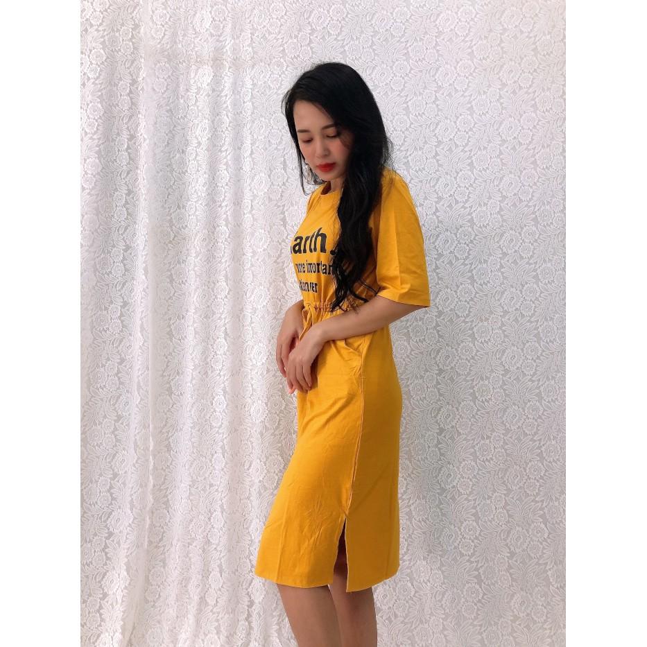 Đầm suông thun rút eo, xẻ tà