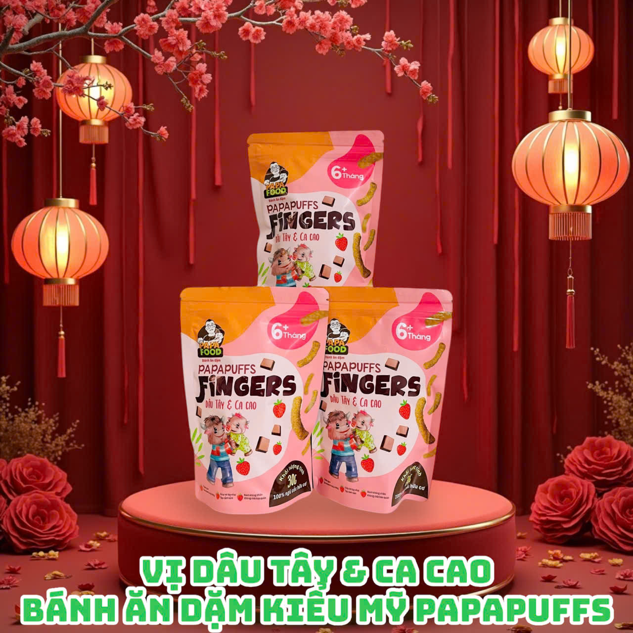Bánh ăn dặm PAPAFOOD PAPAPUFFS Vị Dâu Tây &amp; Ca Cao - 100% Ngũ Cố Hữu Cơ - Gói 30G