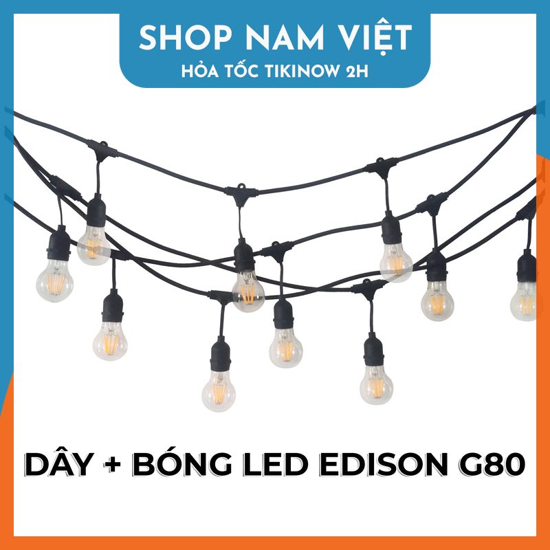 Dây Đèn Led Chuôi E27 Kèm Bóng Đèn Chống Nước Trang Trí Ngoài Trời - Loại Cao Cấp, Chính Hãng Navivu - Dâyled Edison G80 - 4M 10 Led