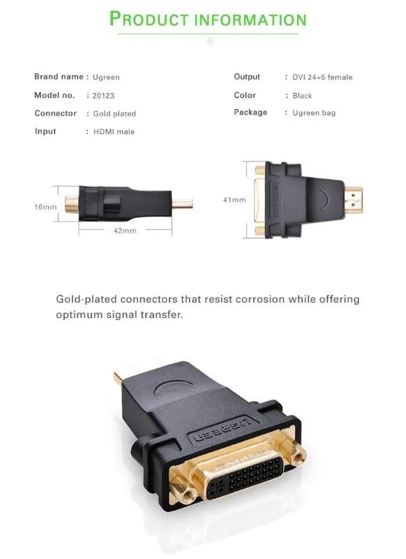 Ugreen UG2012320123TK Màu Đen Đầu chuyển đổi HDMI sang DVI 24 + 5 âm - HÀNG CHÍNH HÃNG