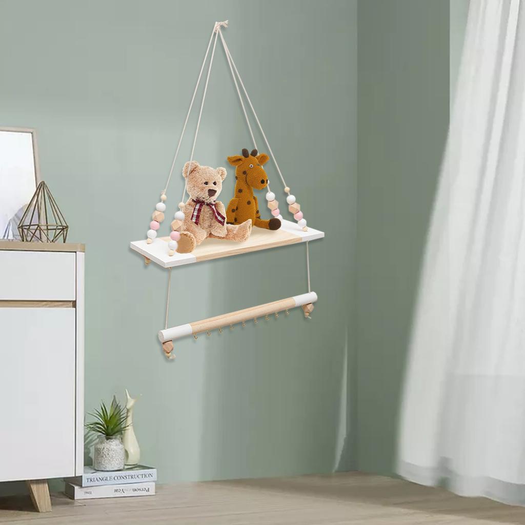 Wooden Wall Shelf With Hooks  Organizer Hanging Mount Clothes