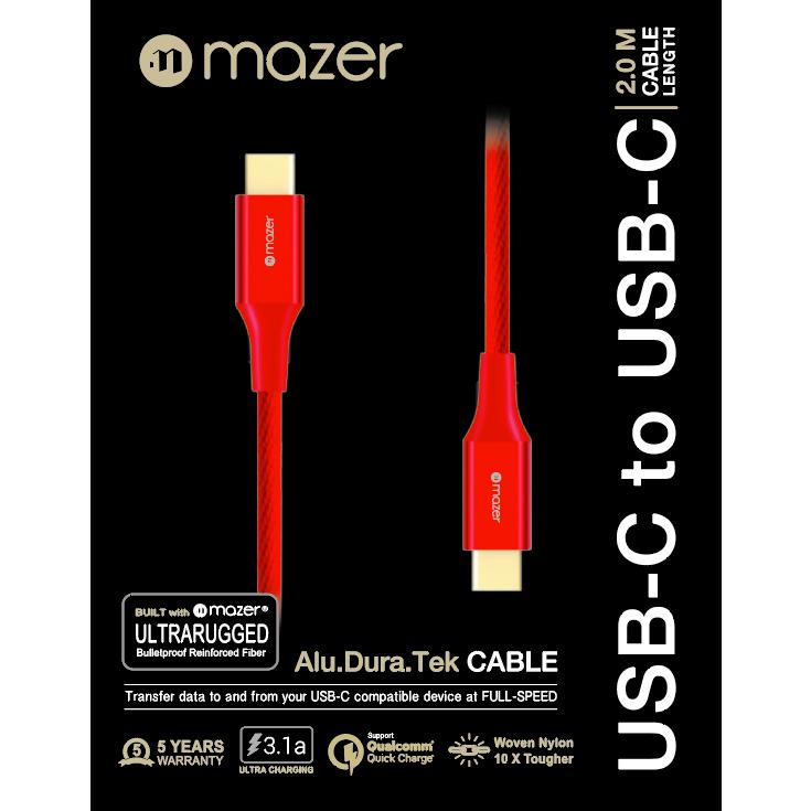 Dây Cáp Mazer ALU.DURA.TEK USBC2C Cable 3.1A (2m) - Hàng chính hãng