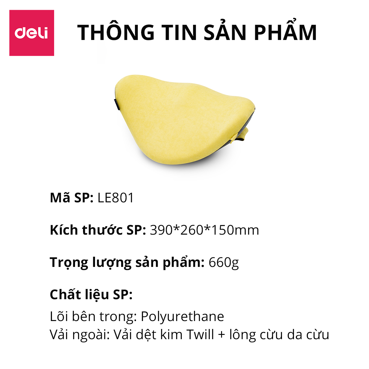 Đệm Lót Lưng Ghế Văn Phòng Cao Cấp Công Thái Học Cao Cấp Cao Su Non Deli - Thiết Kế 3D Lưới Thoáng, Chống Mỏi Lưng, Đau Xương Cụt, Thoát Vị Đĩa Đệm, Dành Cho Người Bị Trĩ - LE800 LE801 LE802 LE803