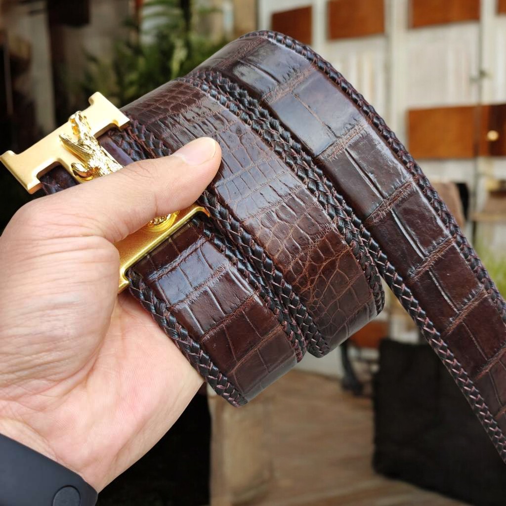 Dây nịt da bụng cá sấu liền tấm 4cm H29N1. Khóa H thép ko gỉ loại 1