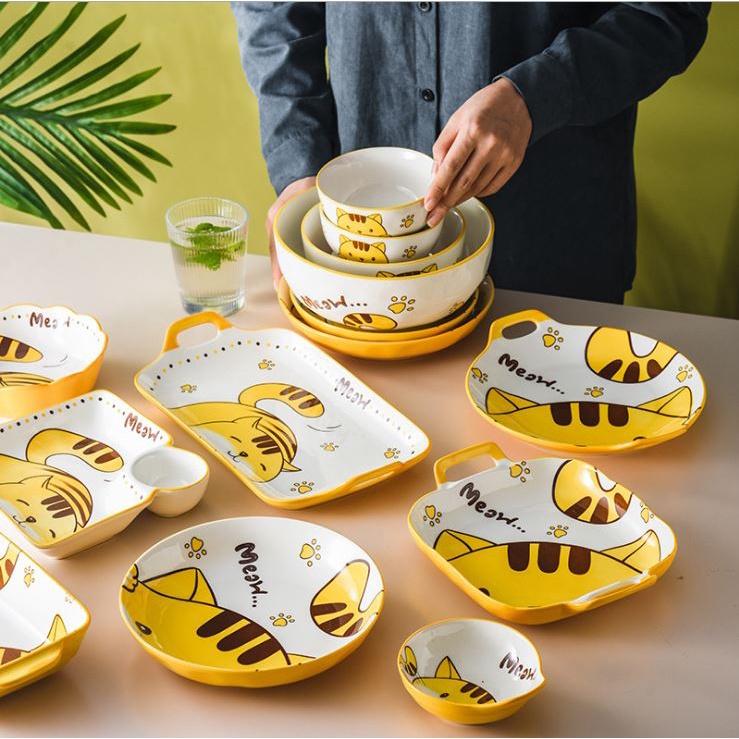 Bộ chén bát sứ, đĩa sứ, khay sứ cao cấp Mèo vàng Decor trang trí bàn ăn