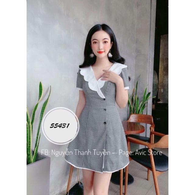 Đầm xoè cát caro cổ bèo trắng ( Có size M L XL 2XL đến 58kg ) MMR