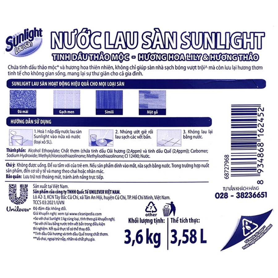 Nước Lau Sàn Sunlight Tinh Dầu Thảo Mộc Hương Hoa Lily & Hương Thảo 3,6 Kg - Sạch Thơm Thư Thái - Nhà Thêm Trong Lành