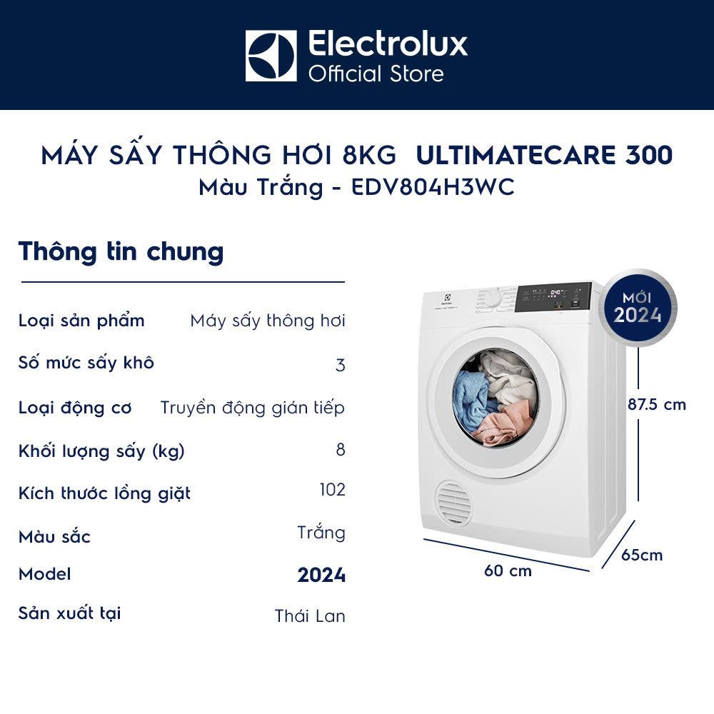 [Mới 2024] Máy sấy thông hơi Electrolux 8kg UltimateCare 300 - Trắng EDV804H3WC - Hàng chính hãng