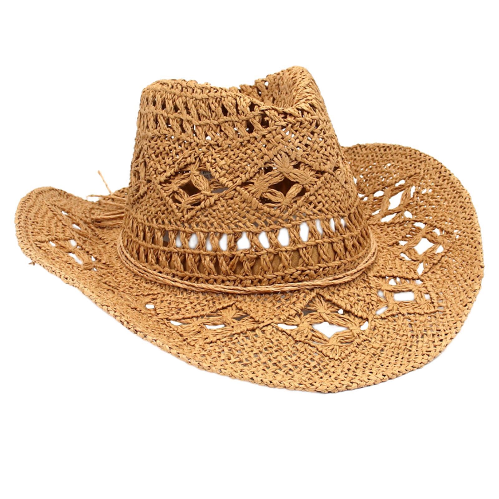 Straw Cowboy Hat Handmade Weave Straw Hats Wide  Hat for Holiday Khaki