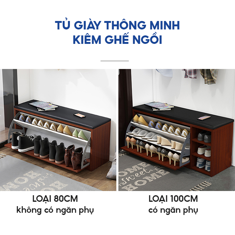 Tủ Giày Gỗ MDF Chống Ẩm Cánh Lật Siêu Gọn 3 Ngăn Có Hộc Và Đệm Da Ngồi Sang Trọng VANDO