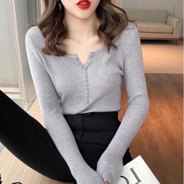 Áo len nữ tay dài cổ V dáng ôm dệt kim mềm mịn thời trang Hàn Quốc Thiết kế trẻ trung quyến rũ
