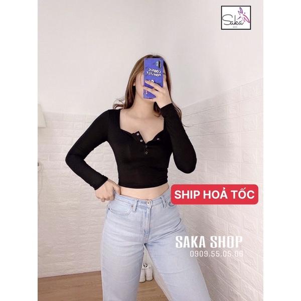 Áo thun croptop tay dài nữ nút sắt vải thun đẹp chánh phẩm