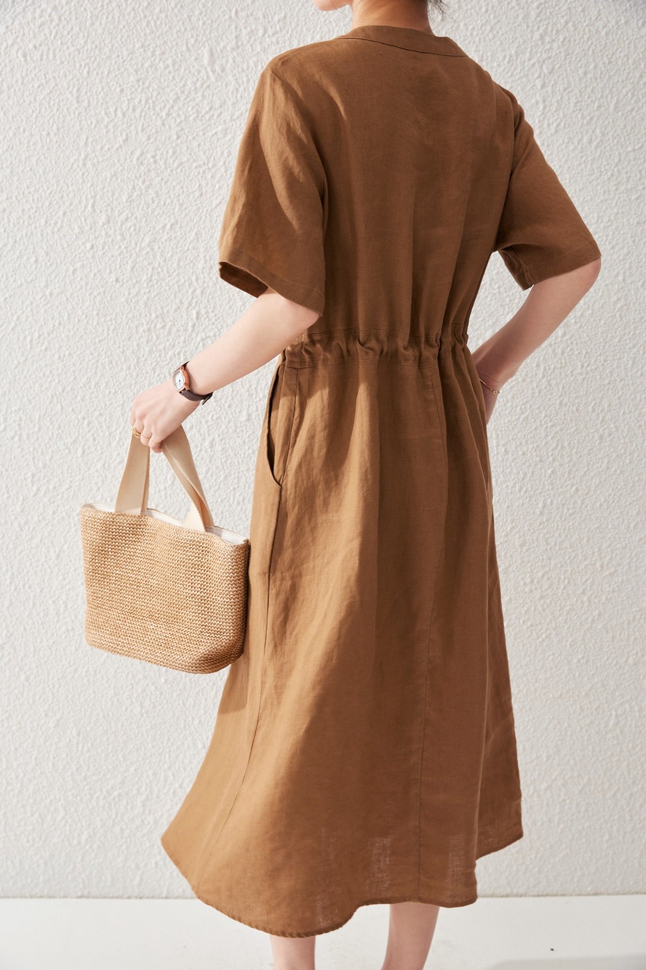 Đầm đũi nữ dáng suông rút eo, cổ V 2 túi thời trang phong cách Hàn Quốc Haint Boutique