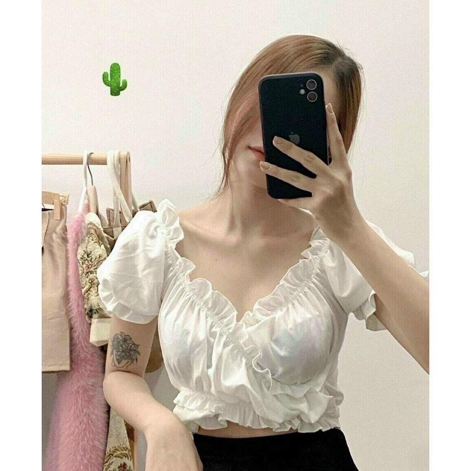 Áo kiểu croptop nữ đẹp ôm body tay ngắn cổ V thắt nơ phong cách hàn quốc cực dễ thương mẫu mới thời trang 2021-A19