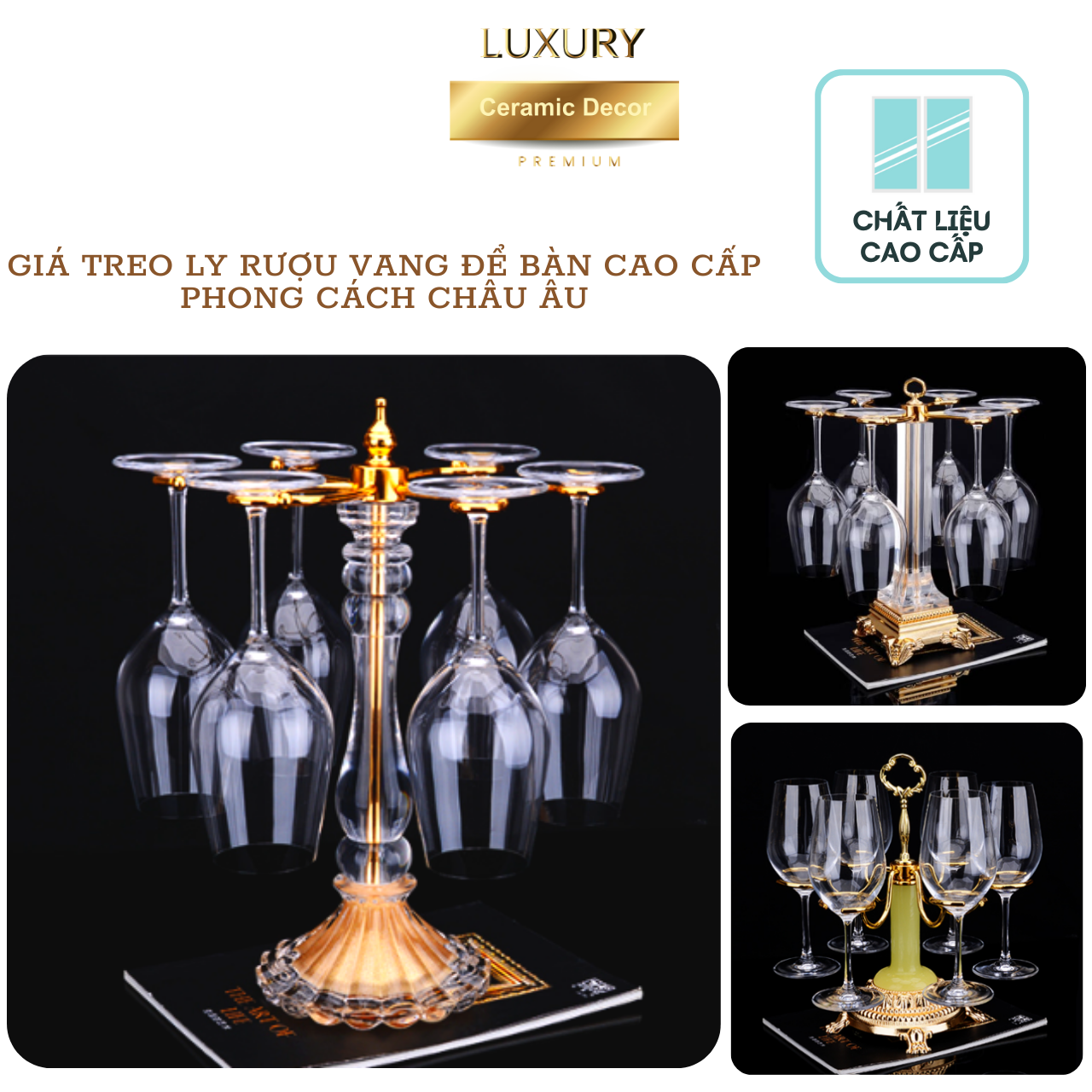Giá Treo Ly Rượu Vang Hợp Kim Mạ Vàng Tĩnh Điện Cao Cấp - Hàng Nhập Khẩu