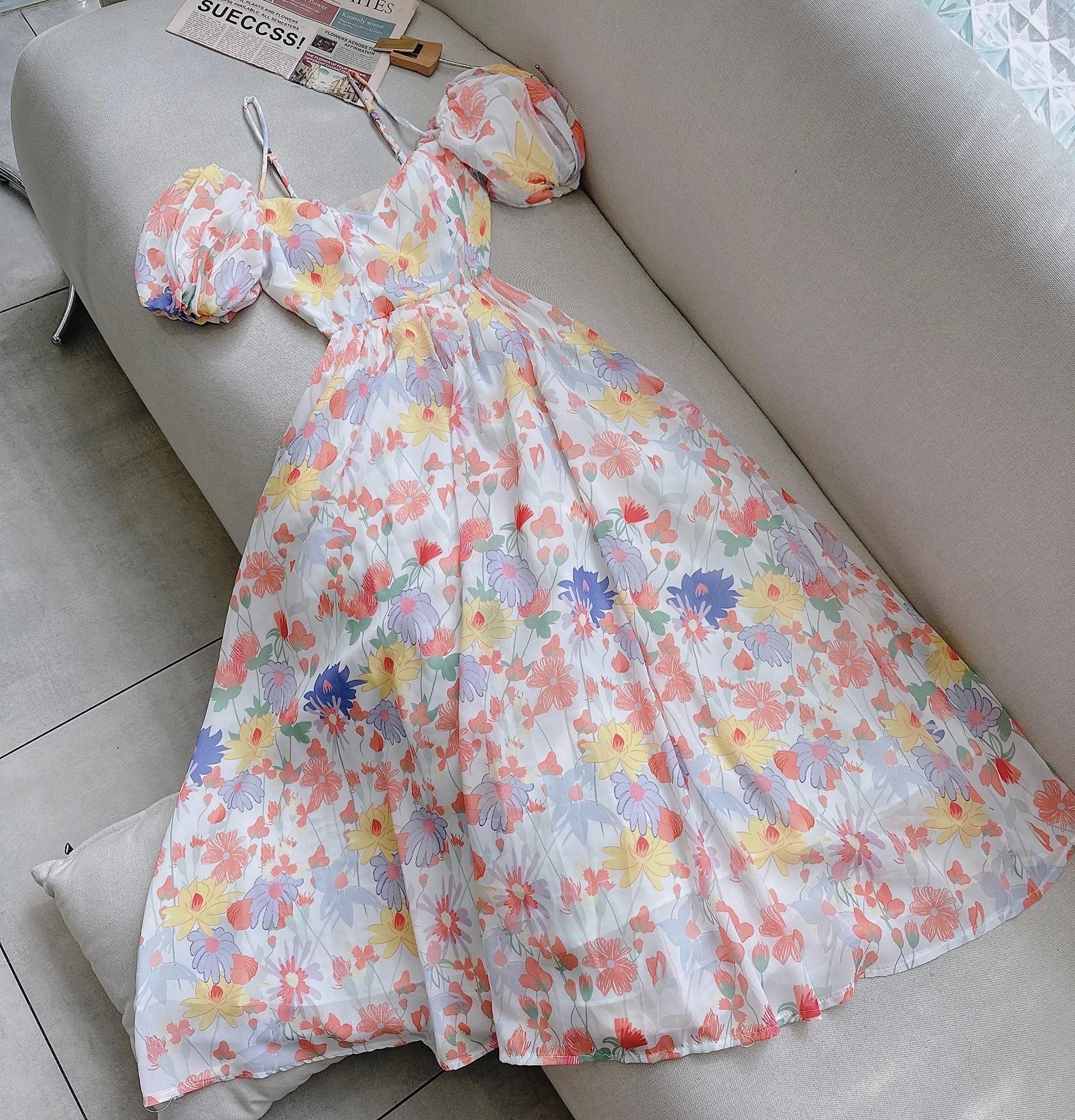 ĐẦM DÀI HOA MAXI ĐI BIỂN CỔ U DÂY LƯNG SUÔNG XÒE MIDI FLORAL DẠO PHỐ DỰ TIỆC