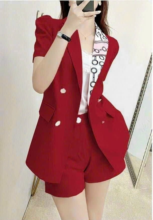 Set bộ vest short áo vest phối họa tiết + quần short chất cotton lụa cao cấp