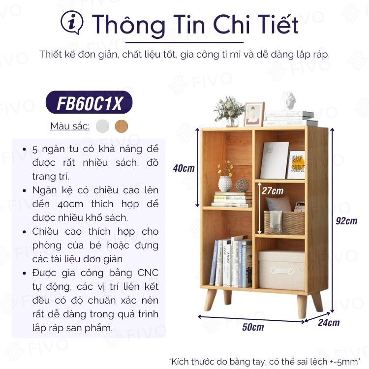 Kệ Sách Cho Bé Gỗ MDF FIVO FB60 (50 x 24 x 92cm) Dễ Lắp Ráp (Có Kèm Tấm Lưng) - Hàng Chính Hãng - Màu Vân Gỗ Nhạt