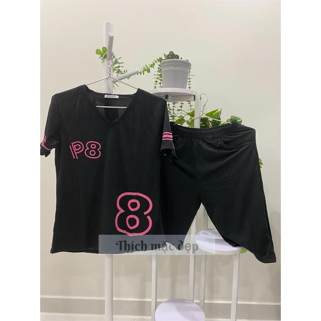 Đồ bộ nữ thun cotton trơn cute xinh in số form rộng tay lỡ quần đùi lửng cổ tim 02 vàng đen hồng nâu