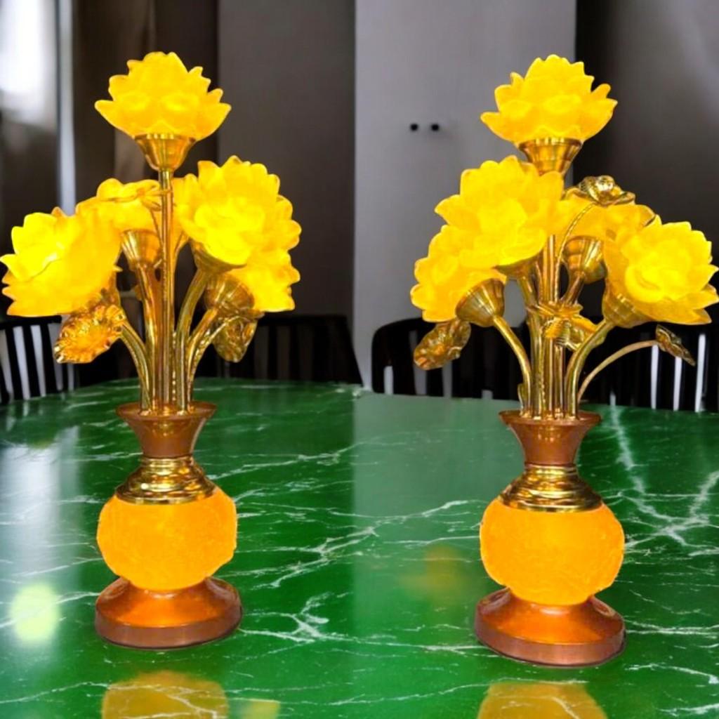 cặp đèn lưu ly 5 bông dáng lục bình RỒNG VIỆT, Cặp đèn thờ thân hợp kim bình lưu ly cao cấp