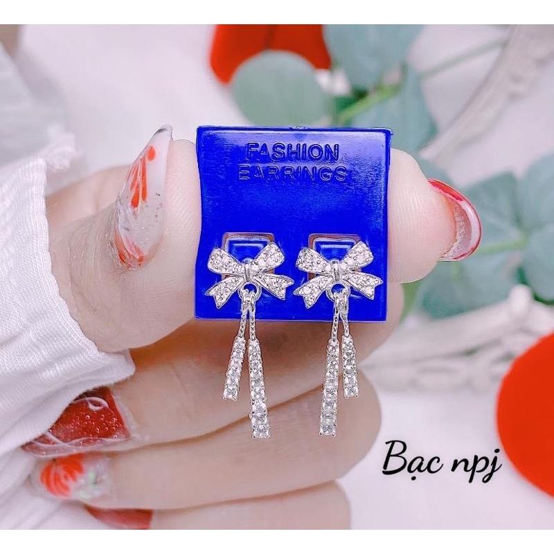 Bông tai bạc nữ , hoa tai nơ kiểu nụ dáng dài xinh xắn-Bạc Npj