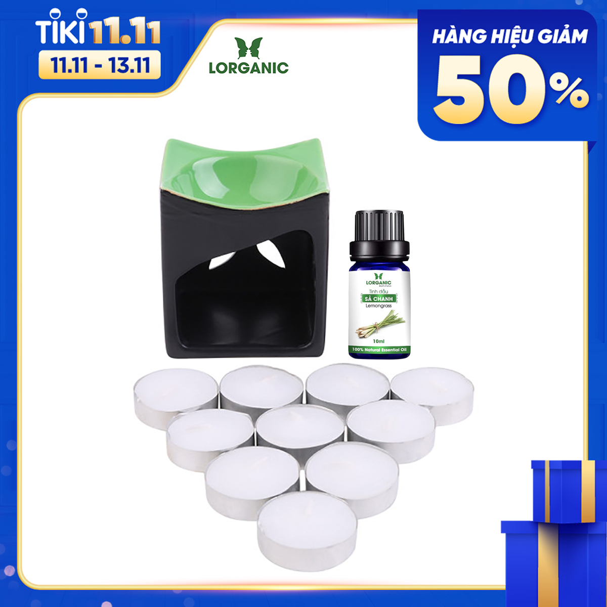 Combo Đèn Nến Hình Vuông + Tinh Dầu Sả Chanh Lorganic (10ml) + 10 Viên Nến