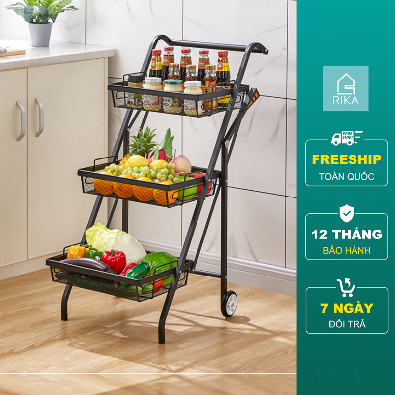 Kệ xe đẩy để đồ đa năng nhà bếp spa phòng tắm RIKA KDN-03, 3 tầng có bánh xe, kệ giá để trái cây, xoong nồi rau củ quả