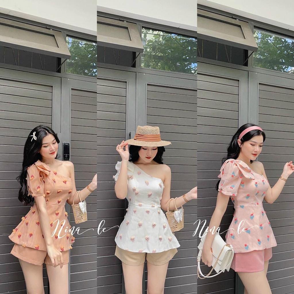 Set bộ đùi lệch vai kết nơ & Quần chéo nhung