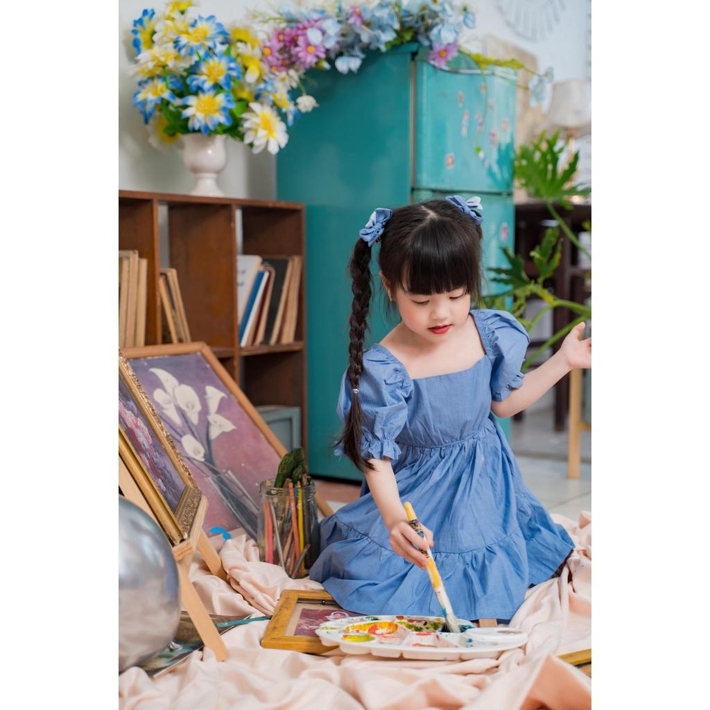 Hình ảnh Váy đầm tay bo babydoll mầu xanh đậm cho bé gái Sora Chan - M005