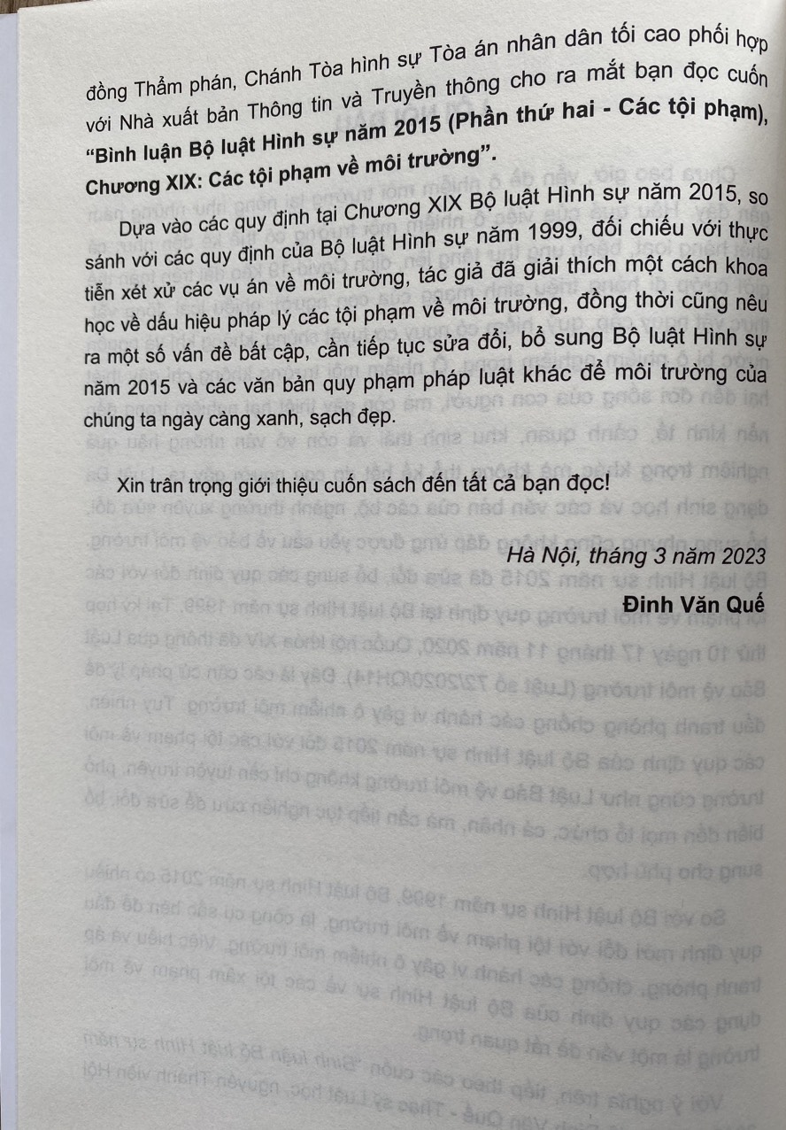 Bình Luận Bộ Luật Hình Sự Năm 2015 - Phần Các Tội Phạm Chương XIX  Các Tội Phạm Về Môi Trường