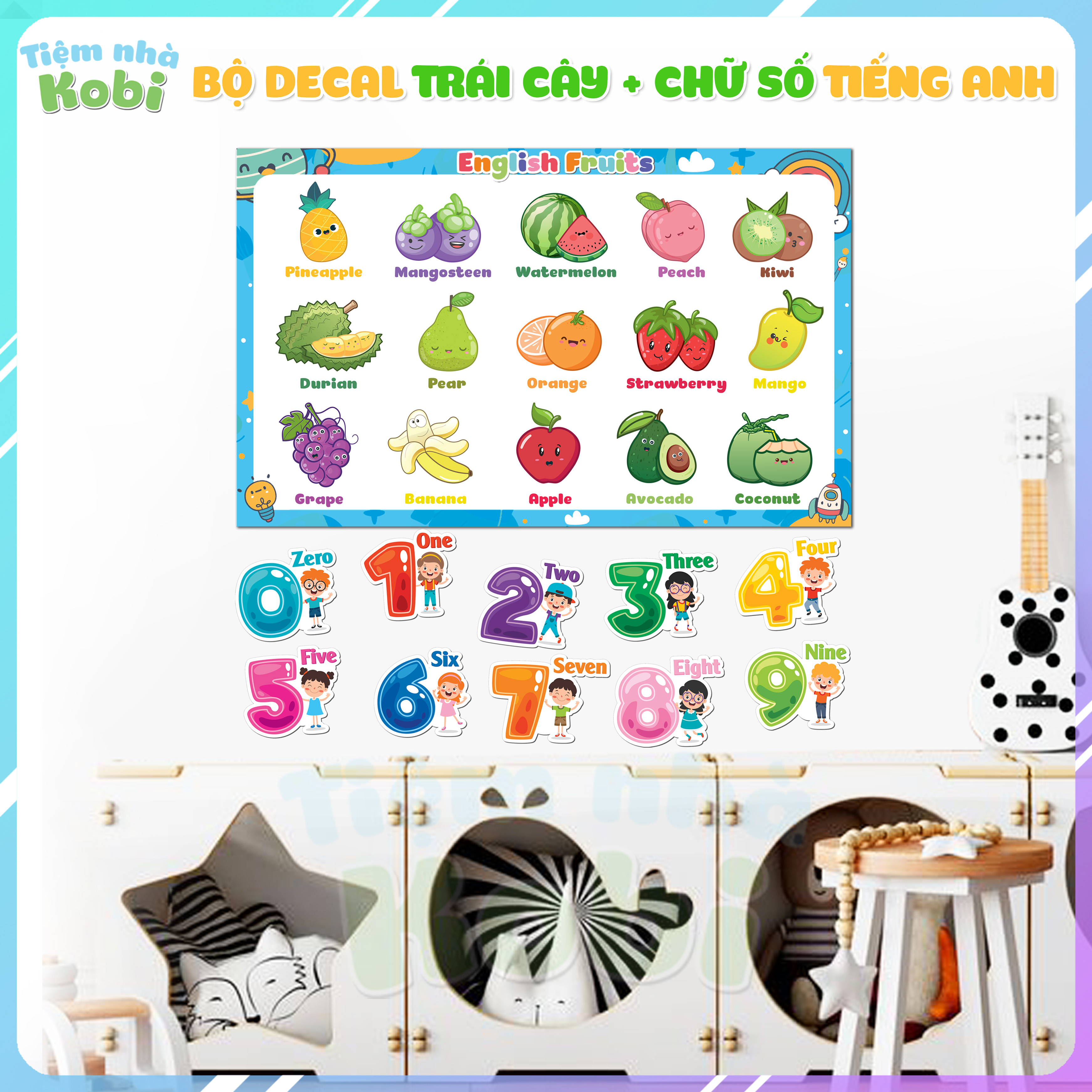 Bộ Decal Trái Cây, Hoa Quả Tiếng Anh + Chữ Số Tiếng Anh - Dán Tường Cho Bé Học Tập