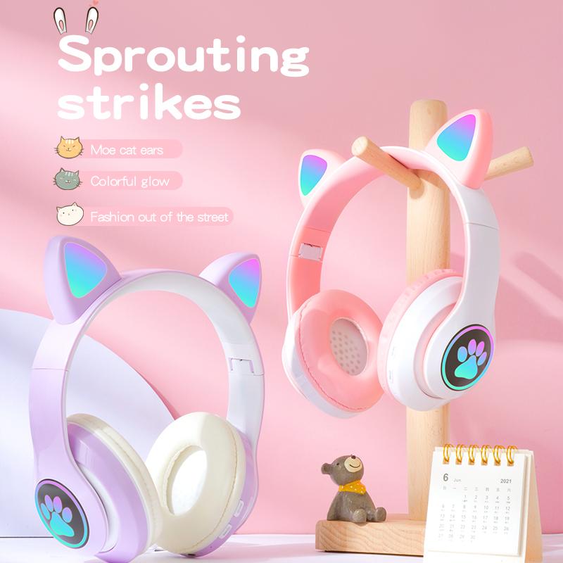 Đèn Flash LED Mèo Tai Tai Nghe Bluetooth Bé Gái Âm Nhạc Không Dây Bảo Hiểm Thẻ TF Tai Nghe Gaming Chụp Tai Kèm Mic Tai Nghe Điện Thoại quà Tặng