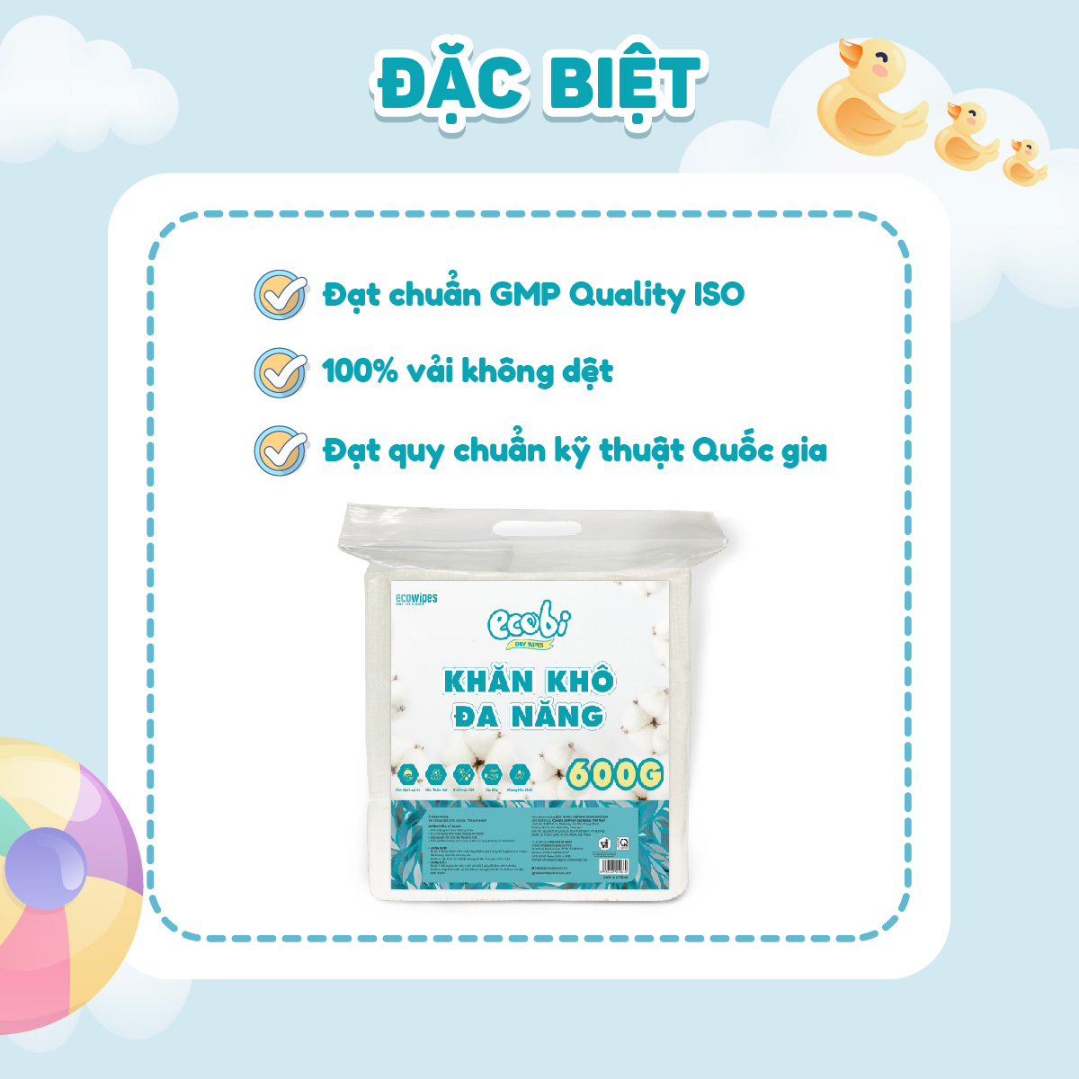 Combo 03 túi Khăn khô đa năng EcoWipes cho bé 600/900G không chất huỳnh quang không mùi không parabens