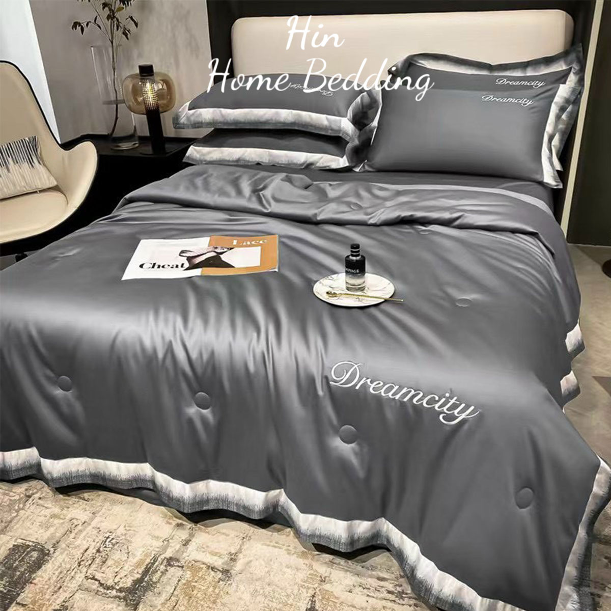 Bộ Chăn Ga Gối Đệm 5 Món Chăn Bông Hin Home Bedding Drap Giường Lụa Mẫu Xám Lông Chuột